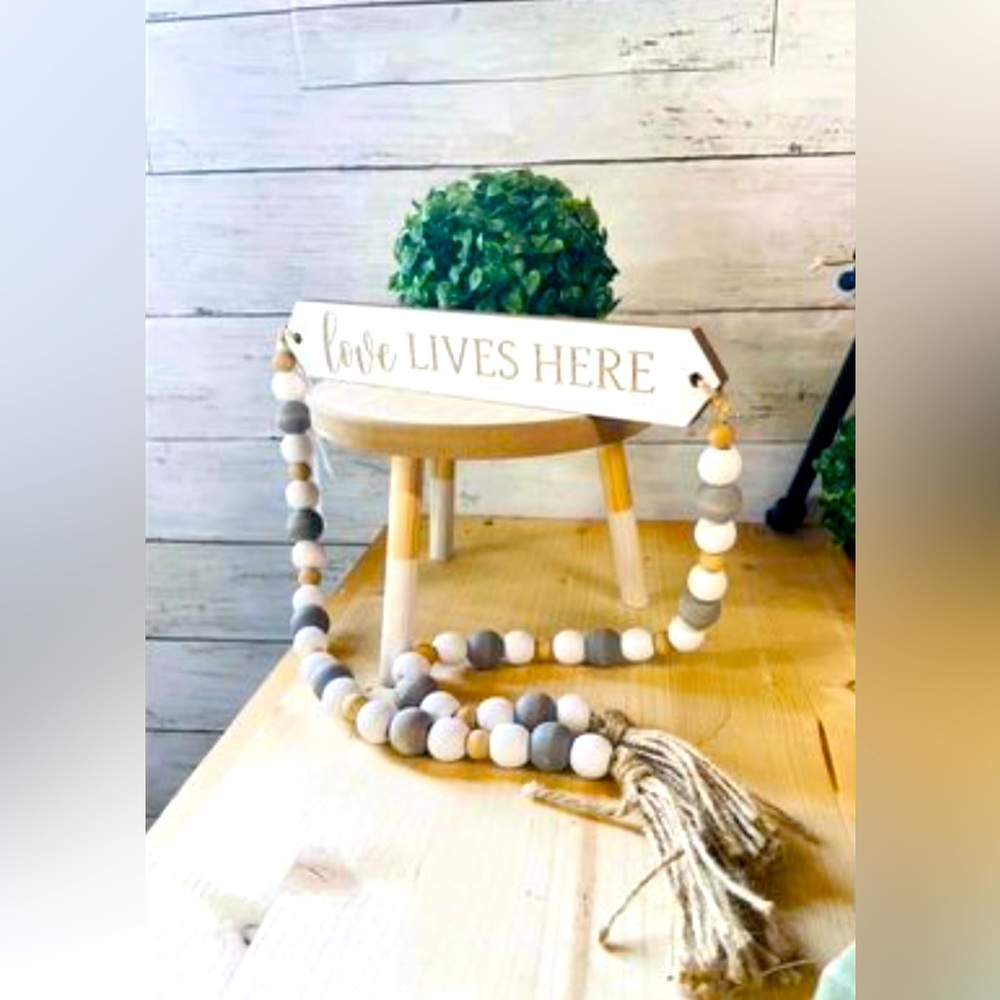 *Love Lives Here Beaded Wood Banner